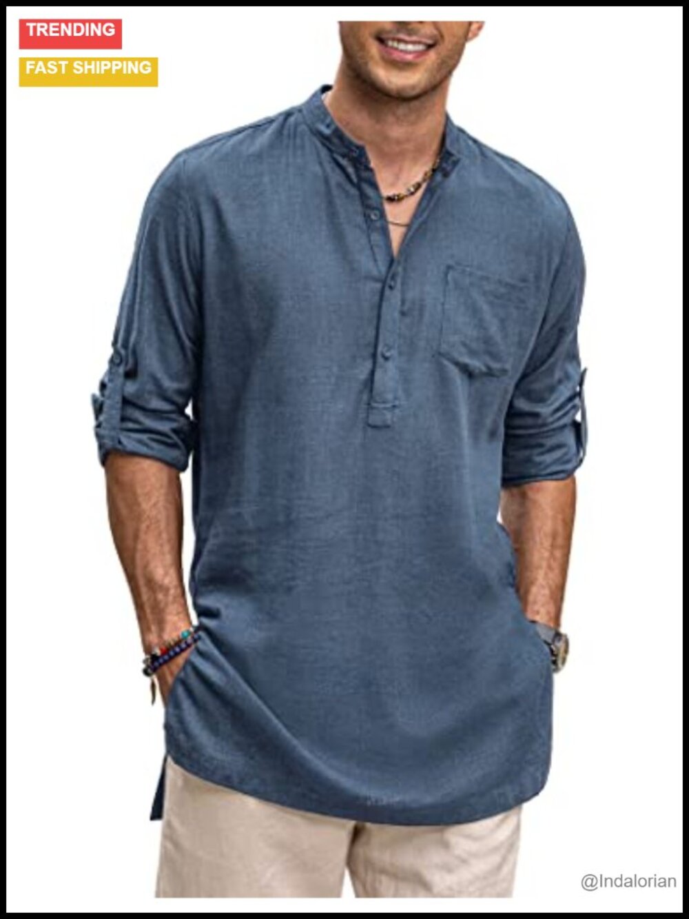 Linen Henley Shirt Long Sleeve Longline Kurta with Pocket Men's Beach Shirt